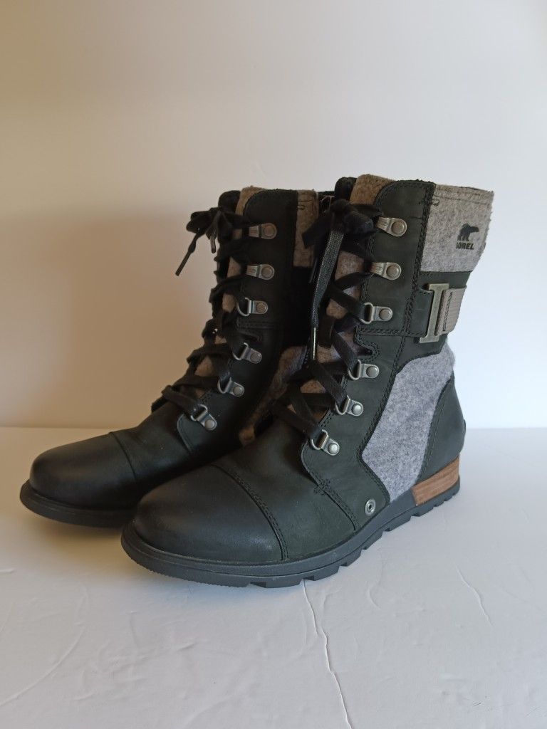 Sorel Women’s Major Carly Leather Wool Combat Boots Black Gray Size 8.5