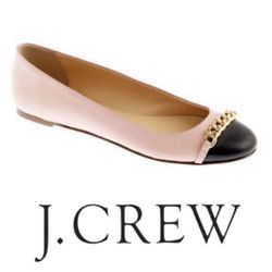 J Crew Nora Cap Toe Chain Ballet Flats in Vintage Blush with Black.  These gorgeous flats are crafted from supple Italian leather and feature a gold-t