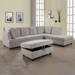 New Grey Corduroy Sectional Sofa Couch Set
