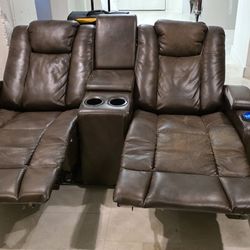brown leather power reclining console loveseat