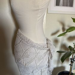 Vintage Lace White fringe beaded Crochet shawl sarong Skirt wrap  Burning Man Festival 