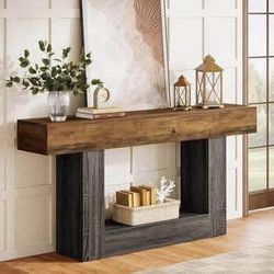 New 63” Long Console Table, 2-Tier Entryway Table Sofa Table w/Storage, Farmhouse Wood Behind couch