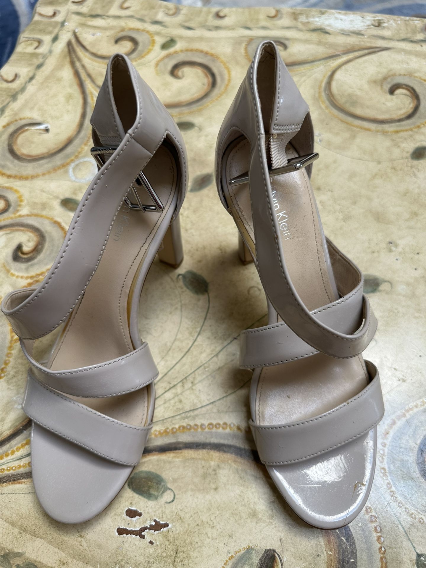 Calvin Klein Nude Patent Strappy Heels – Size 8, 5” Block Heel Sandals