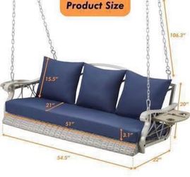 Newly Assemble 3-Person Porch Swing Chair Outdoor Rattan Patio Swing Lounge w/Cup-Holder