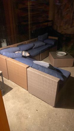 7 piece modular outdoor sectional wicker patio sofa set, coffee table, covers, navy blue