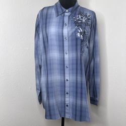 DG2 Diane Gilman Embroidered Plaid Buttoned Shirt NAVY PLAID, Size:L NWT