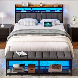 Unopen Bed Frame with LED Headboard with bench