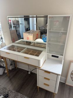 White & Gold Vanity Desk with Mirror and Storage