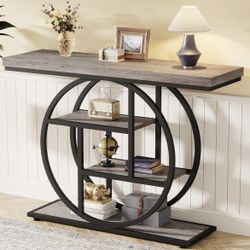 41.3" Console Table, Industrial 4-Tier Sofa Table Entryway Table with Circle Base,Gray