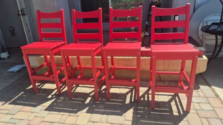 Set of 4 Red Wooden Bar Stools