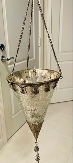 Stunning Moroccan Inspired decorative crackle glass and silver plate ornate metal hanging lantern