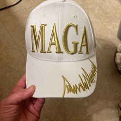 Maga White With Embroidered Gold Signature MAGA Strap back Hat With Flag And 45/47