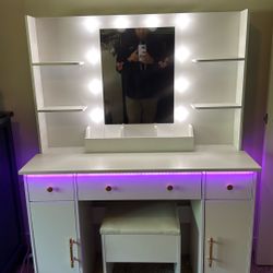 Vanity Desk with Mirror and Lights, Makeup Vanity with Charging Station & Vanity Stool, 3 Drawers and Cabinets White Vanity Mirror with RGB LED Lights