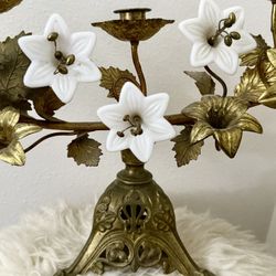 Vintage Hollywood Regency Solid Brass & Milk Glass Flower Candelabra OVER 2 FT. LONG