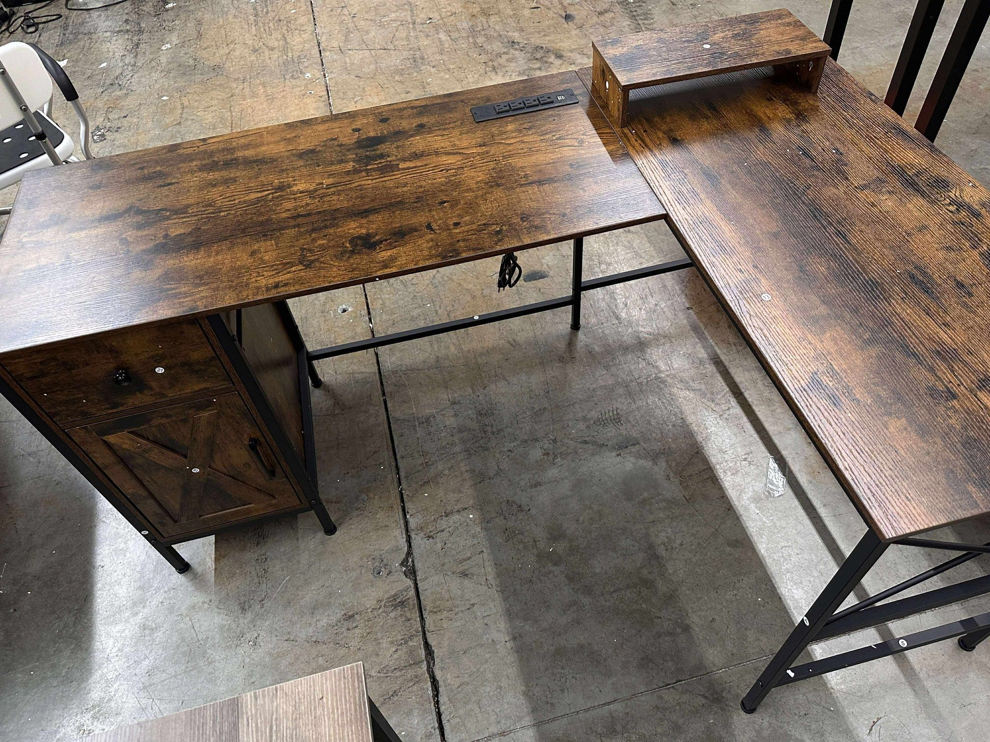 SEDETA 63" L Shaped Desk, Convertible Corner Office Desk with Drawer, Farmhouse Computer Desk with Power Strip & Storage Cabinet for Home Office, Rust