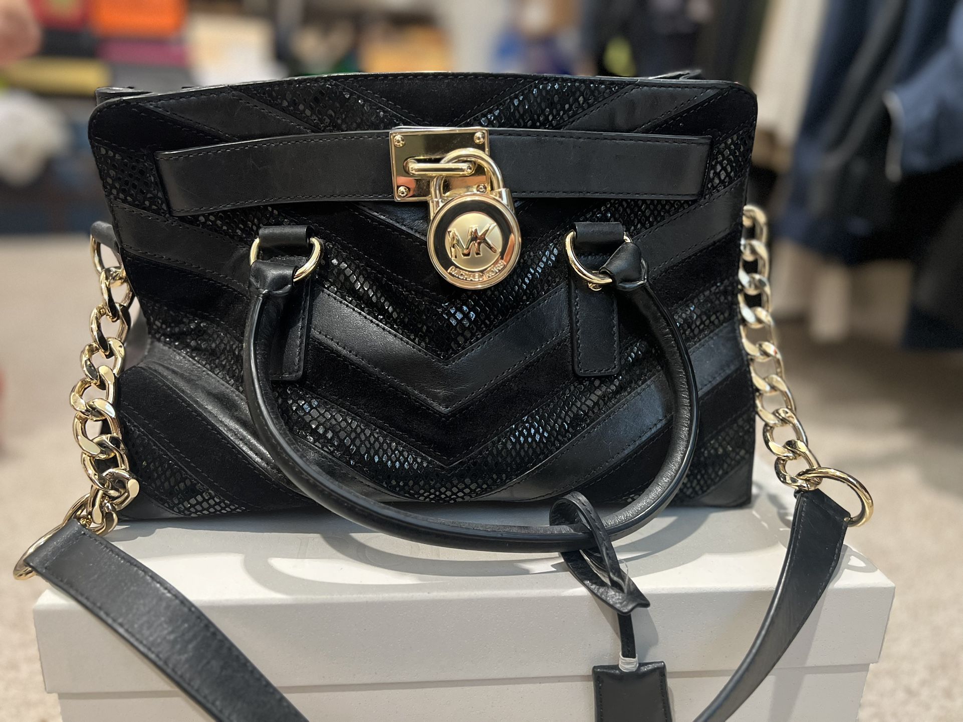 Michael Kors Black Leather Purse Bag Tote Satchel, Hamilton, Lock