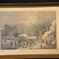 Antique Currier & Ives "Winter Evening" Framed Lithograph