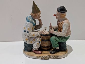 Vintage Porcelain Clown Figurine Card Game Scene Barrel Table Hand Painted Decor