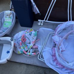 Entire Baby Girl Set Up With Bassinet ,Bouncer, Two Tubs, Playpen Make Offer Make Offer