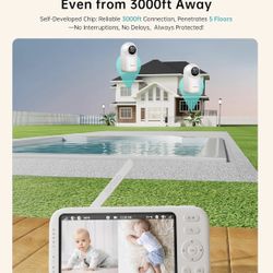 New In Box 2K Video Baby Monitor with2Cameras&Audio,3000ft Long Range No WiFi,5.5"Split Display,VOX-AI Cry Detect,ANR,IR Night Vision,2Way Audio,6000m