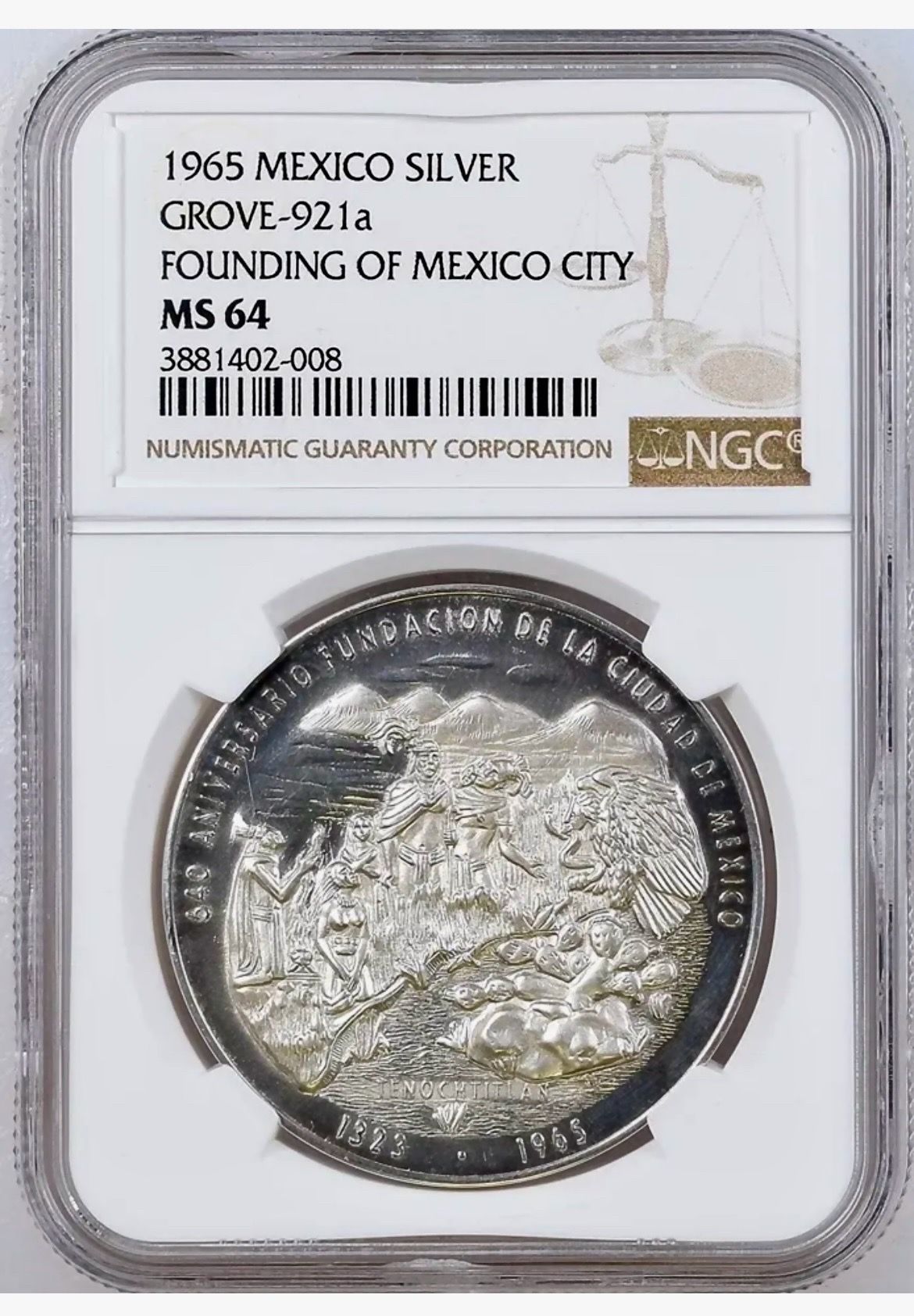 1965 Mexico "640th Anniversary of the Founding of Mexico City" (Tenochtitlan) Silver medal. NGC MS 64 Grove-921a