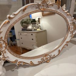 White shabby, beautiful mirror tray with gold trim
