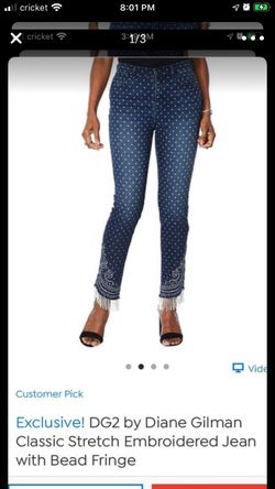 Brand New DG2 Classic Stretch Embroidered Jean with Bead Fringe