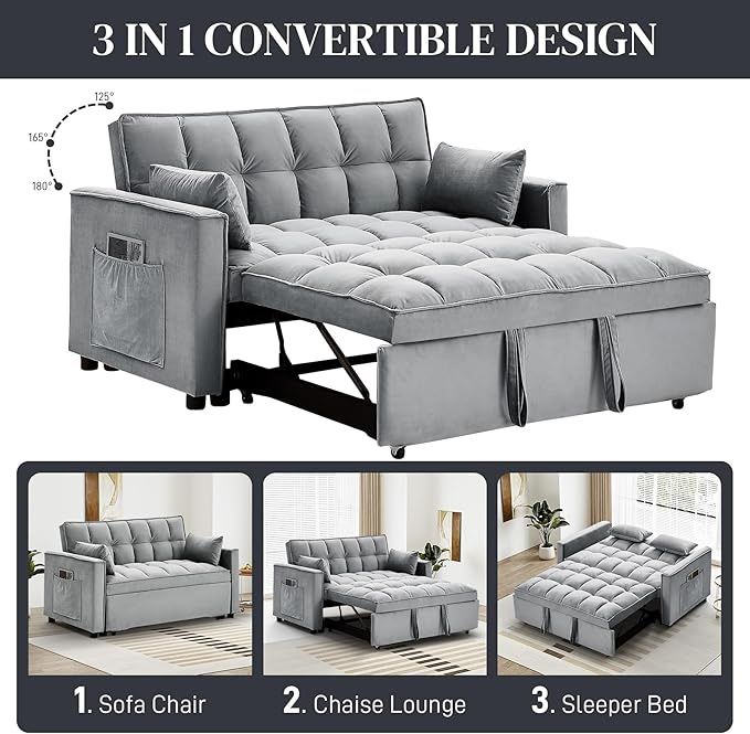 3 in 1 Convertible Sleeper Sofa Bed Velvet Pull out Futon Sofa