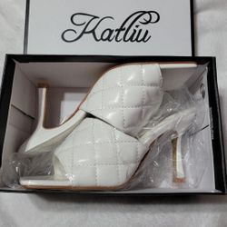 Katliu Square Open Toe Quilted White Sandals Size 38 US 7.5