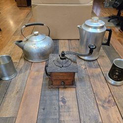 Vintage Coffee Grinder Kettle Percolator Mugs Lot