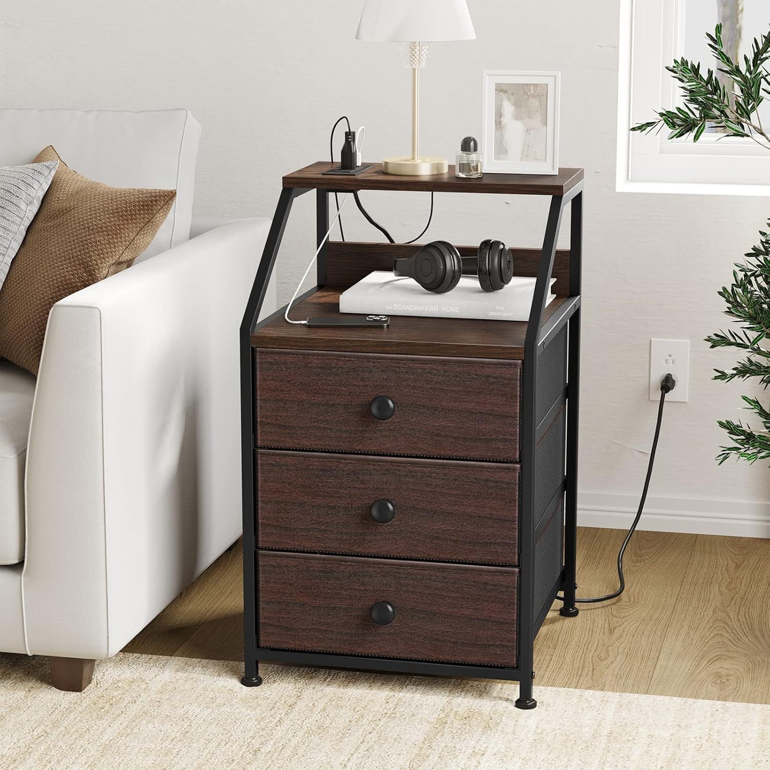 Nightstand with Charging Station,3 Fabric Drawers 2-Tier Storage Shelves, Wooden Top- Dark Brown