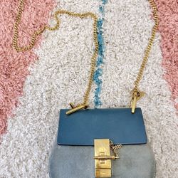 Chole small drew leather suede shoulder crossbody bag gold chain women blue