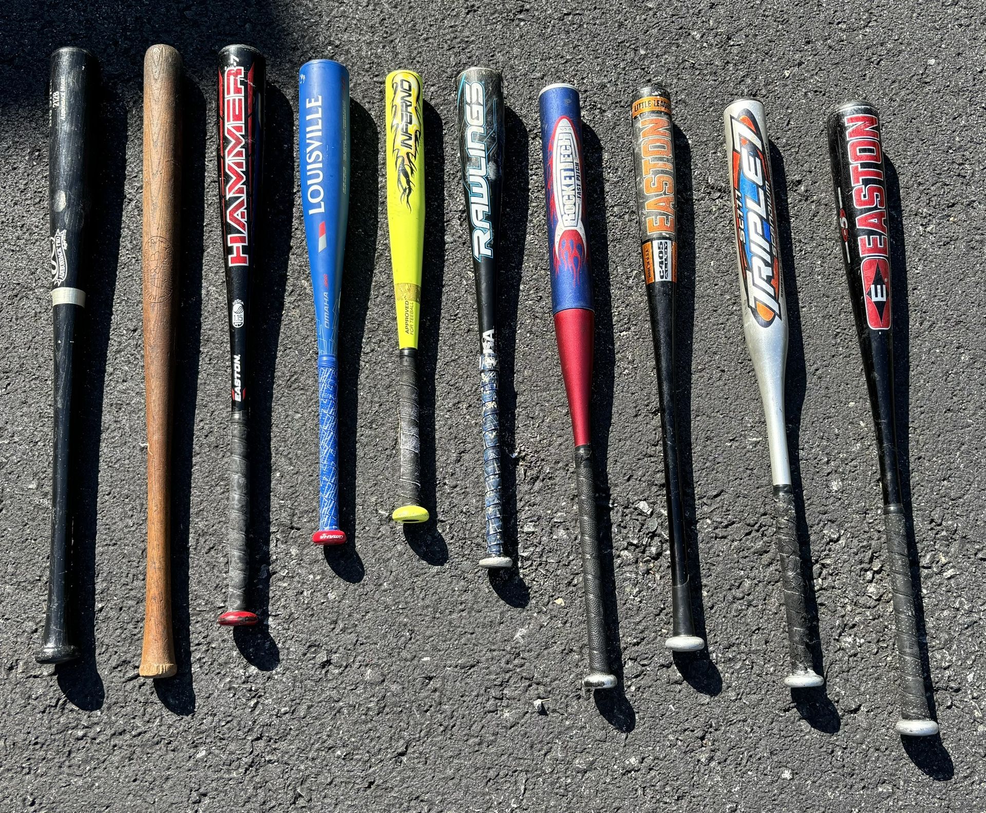 Lot Of 10 Different Aluminum And Wooden Baseball Bats