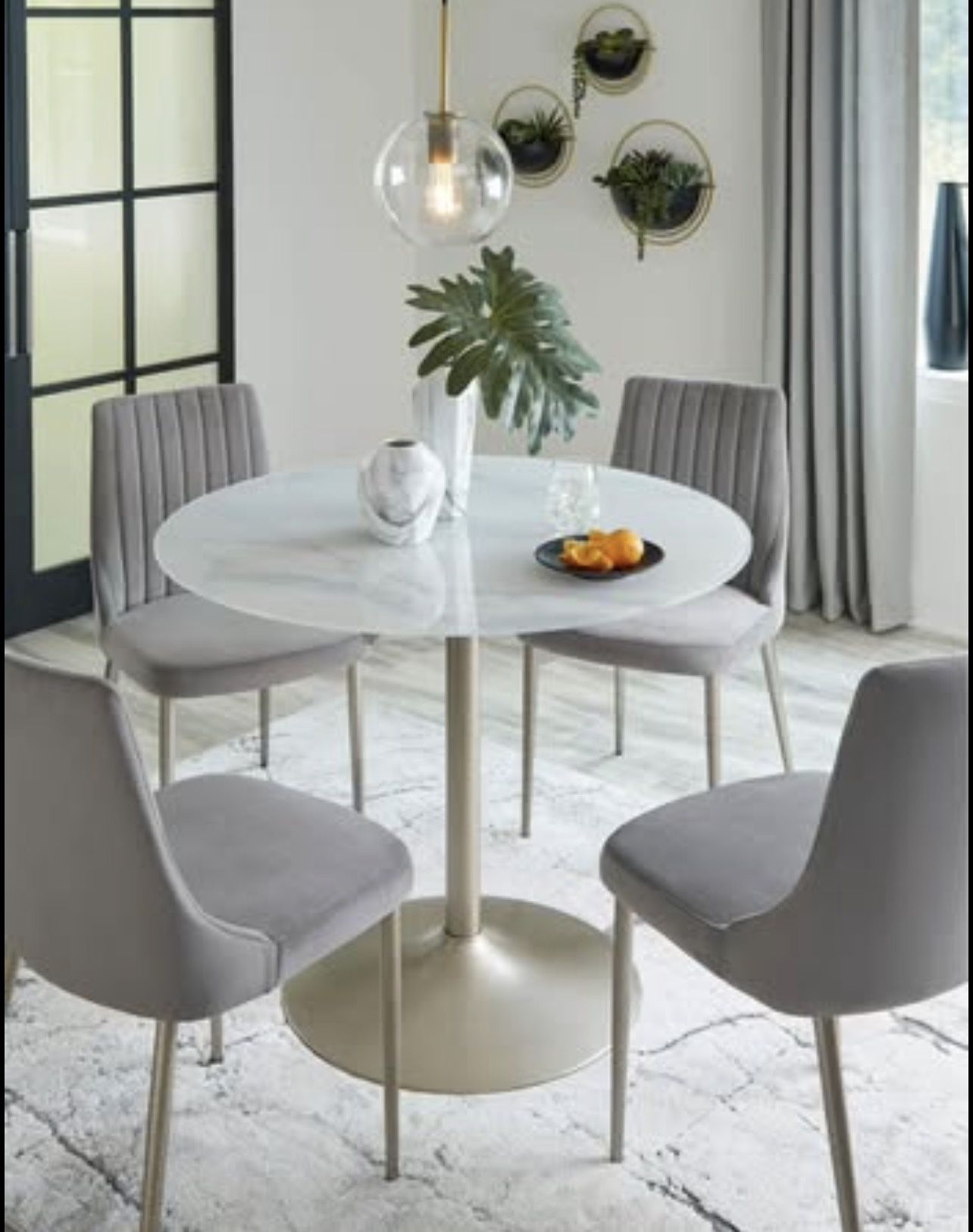 Gorgeous Dining Table Set: Marble Print Glass Top with Velvet Chairs