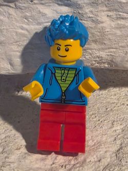 LEGO Minifigure – Blue Messy Hair Boy in Dark Azure Hoodie & Red Pants