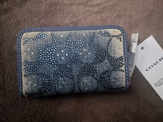 Coach Crystal Denim Signature Zip Around Card Case New