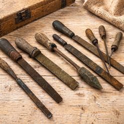 Antique Rustic Wood Handle Files & Chisels Tool Mixed Lot 1900s USA -Collectible