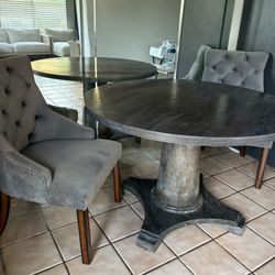 Solid Wood Dining Set – Round Pedestal Table with 4 Tufted Chairs”