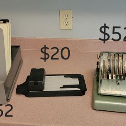 
Vintage office equipment : Metal Posting File for Forms $52
Credit card imprinter $20 
The Paymaster system series 600 - check printer $52

Pick up i