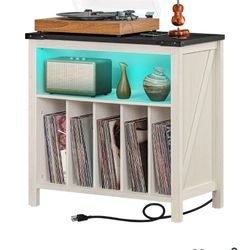 Large Record Player Stand with Charging Station & LED Lights, White Vinyl Record Storage Table Holds