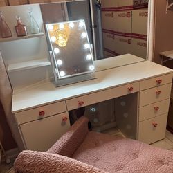 Vanity with Mirror & Lighted Mirror & Chair