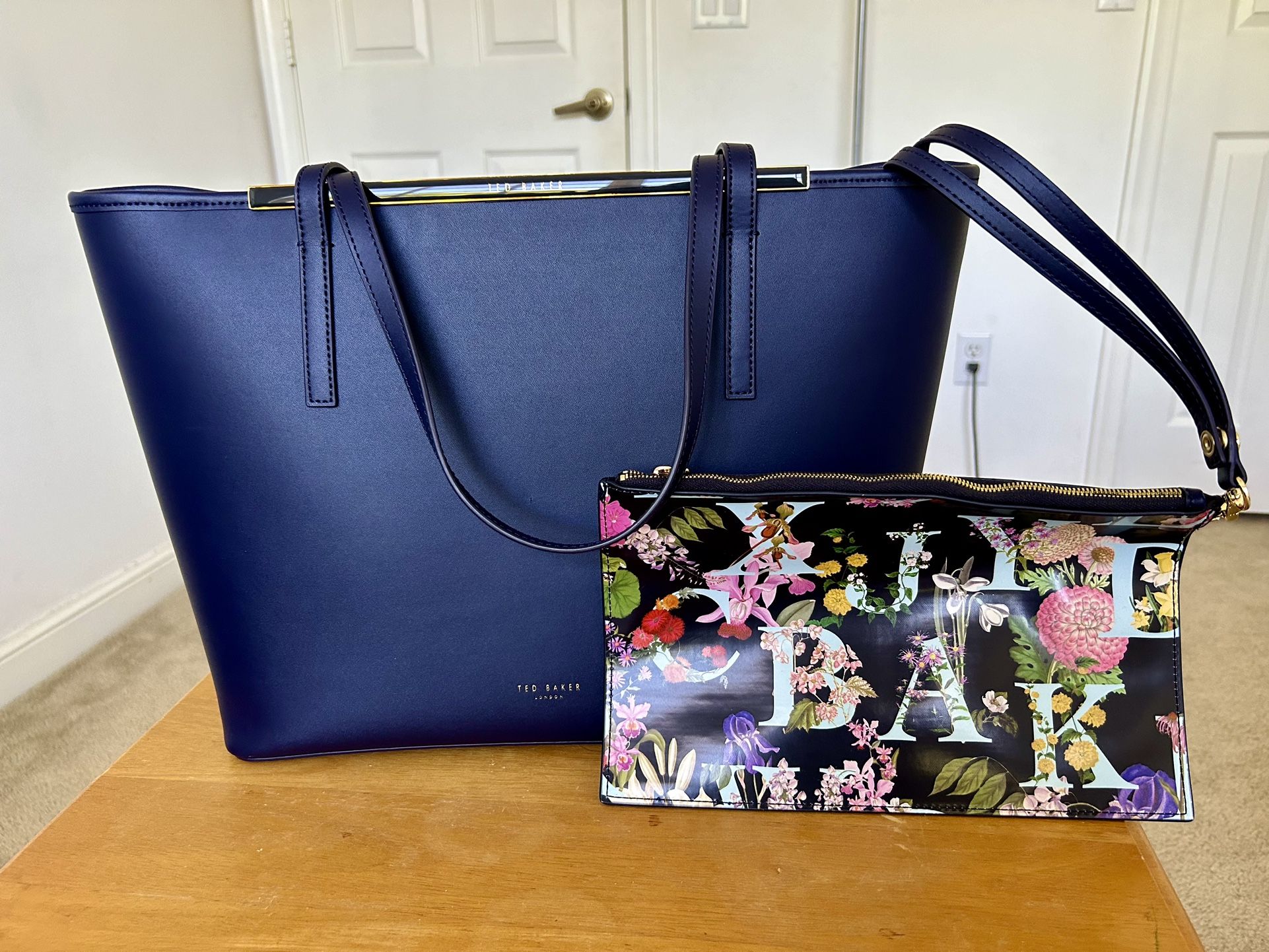 Ted Baker London Leather Large Bag & Match Floral Pouch NEW 