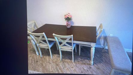 LUXOAK 6 Piece Farmhouse Dining Table Set with 4 Chairs & Bench