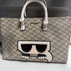 Karl Lagerfeld Paris Authentic Taupe White Silver Monogram Satchel