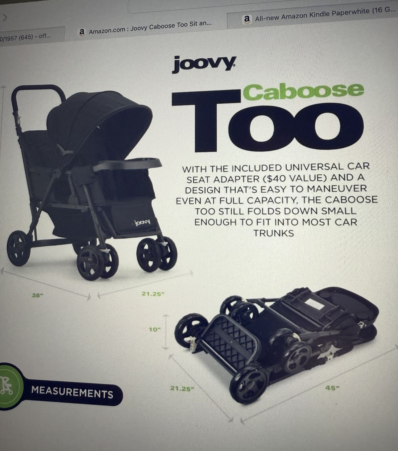 Joovy Caboose Too Ultralight Graphite Stand-On Double Stroller with Universal Car Seat Adapter