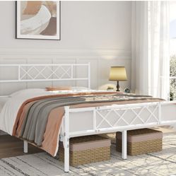 Simple Metal Bed Frame with Headboard& Footboard Slatted Bed Base, White(Full)