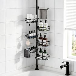 Shower Caddy Organizer Tension Pole, Rustproof 6-Pack Corner Shelf with 30-120 Inch Adjustable Shower Rack for Inside Shower, Extra Towel Bar & Soap D