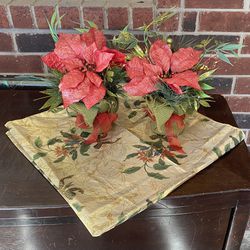 Poinsettia Christmas Decor Bundle-fake plant 2count and shiny table cloth