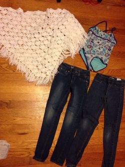 Gap size 10 jeans, Justice size 10 jeans, shawl and bathing suit