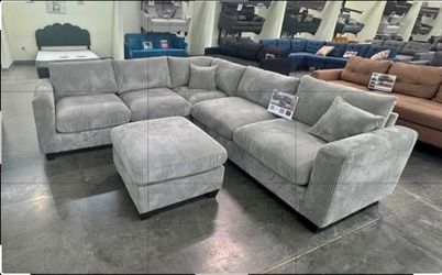 Gray Corduroy Sectional Sofa with Ottoman